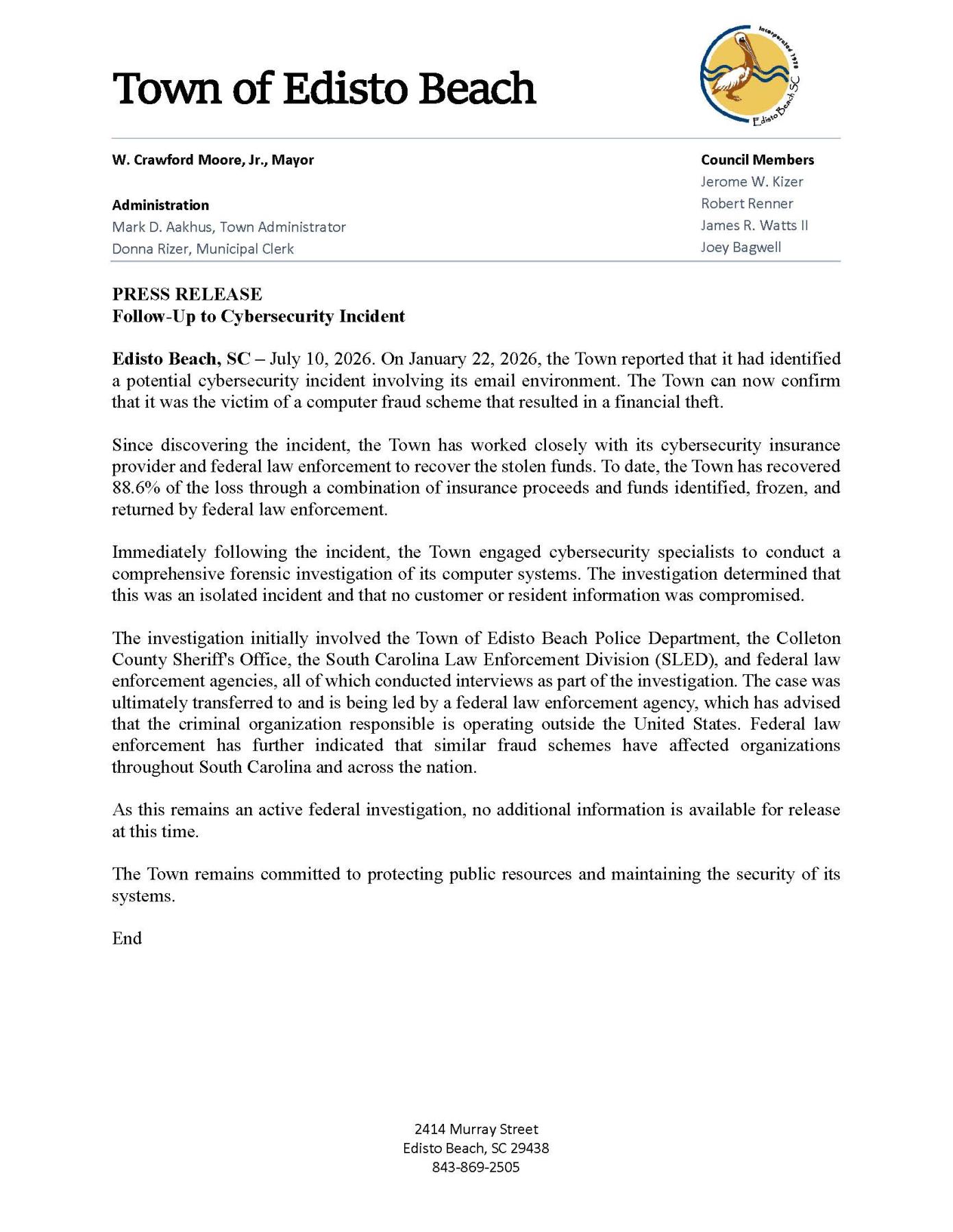 Follow-up to Cybersecurity Incident