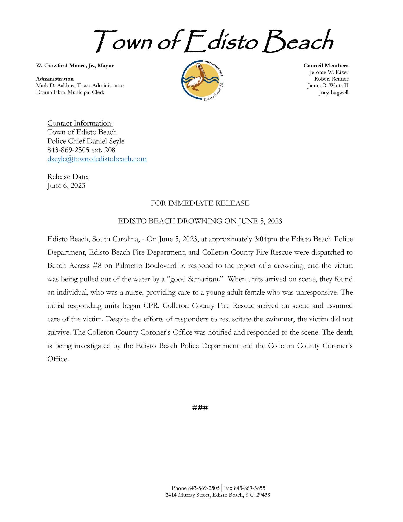 Press Release - Edisto Beach Drowning on June 5, 2023